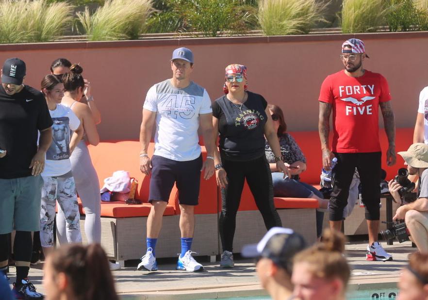 Actor Mark Wahlberg helps to lead a F45 track workout at Ocean Casino Resort in Atlantic City as part of the casino's one-year anniversary Saturday, June 22, 2019.